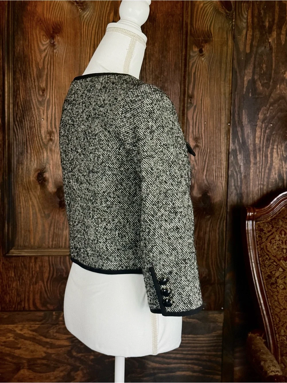 kate spade Black and White Tweed Trimmed Cropped Blazer